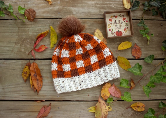 Fall Plaid Hat, Plaid Fall Hat, Plaid Autumn Hat, Plaid Autumn Beanie, Autumn Plaid Hat, Fall Checkered Hat, Orange Plaid Hat