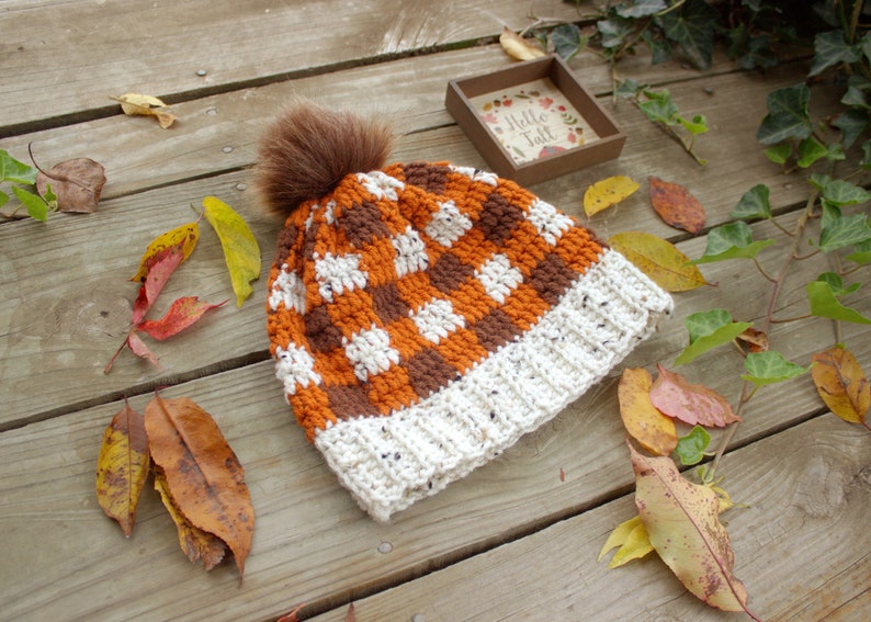 Fall Plaid Hat, Plaid Fall Hat, Plaid Autumn Hat, Plaid Autumn Beanie, Autumn Plaid Hat, Fall Checkered Hat, Orange Plaid Hat image 3