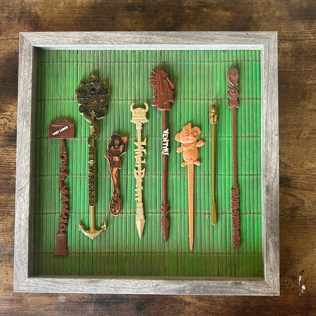 Tiki Bar Art Swizzle Stick Display Aged Wood Green Etsy