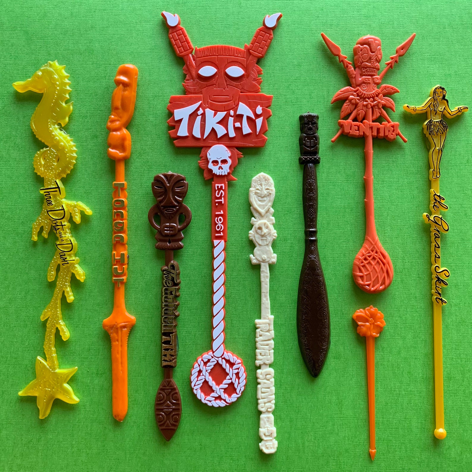 Tiki Art Swizzle Sticks Display Tropical Green Etsy