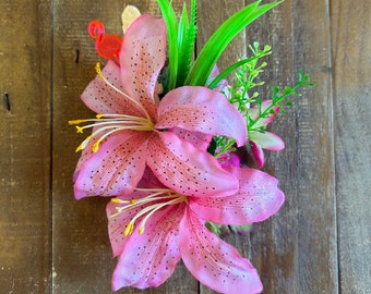 Tropical Tiki Pink Flamingo Lily Swizzle Stick Flower Clip