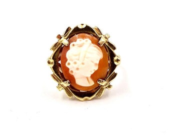 Anillo antiguo Art Déco de oro amarillo de 10 quilates con camafeo de concha tallada - Talla 5.5 W13