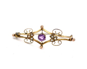 ANTIQUE VICTORIAN PIN Brooch 9K Yellow Gold Amethyst Seed Pearls Bar Pin Brooch Vintage E476