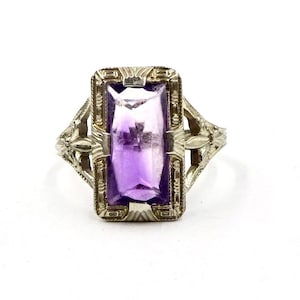 Antique ART DECO RING 18K White Filigree Gold Amethyst Gemstone Ring Sz 6 3/4 Vintage E236