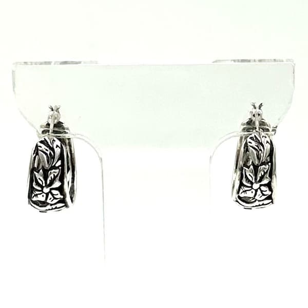 Vintage CAROLYN POLLACK EARRINGS Relios Sterling Silver Floral Pierced Hoops Southwestern Native American Style
