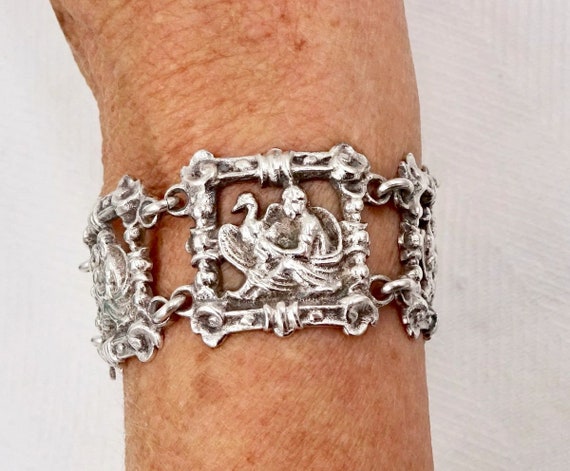 Antique Sterling Silver Panel Bracelet: Byzantine Cherub Swan