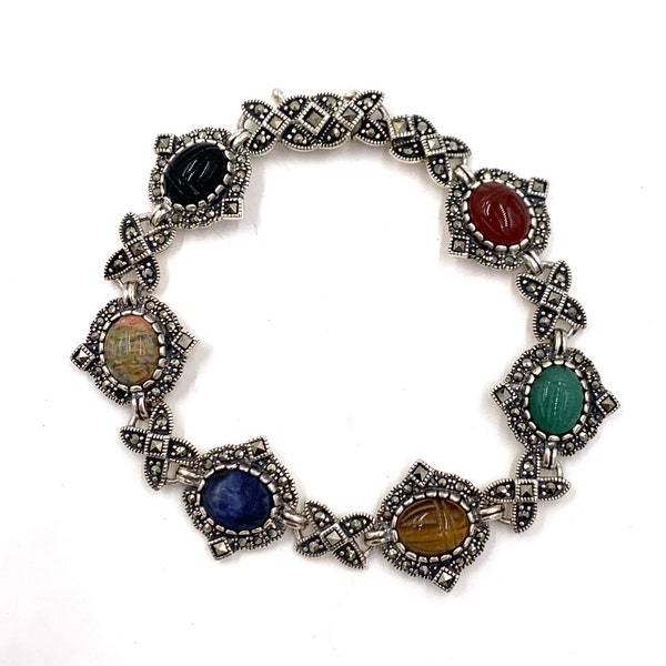 Vintage MARCASITE SCARAB BRACELET 925 Sterling Silver Carved Multi Gemstone Scarabs xo Style Link Bracelet