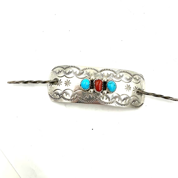 Vintage HAIR SLIDE BARRETTE Sterling Silver Turquoise Red  display picture 2