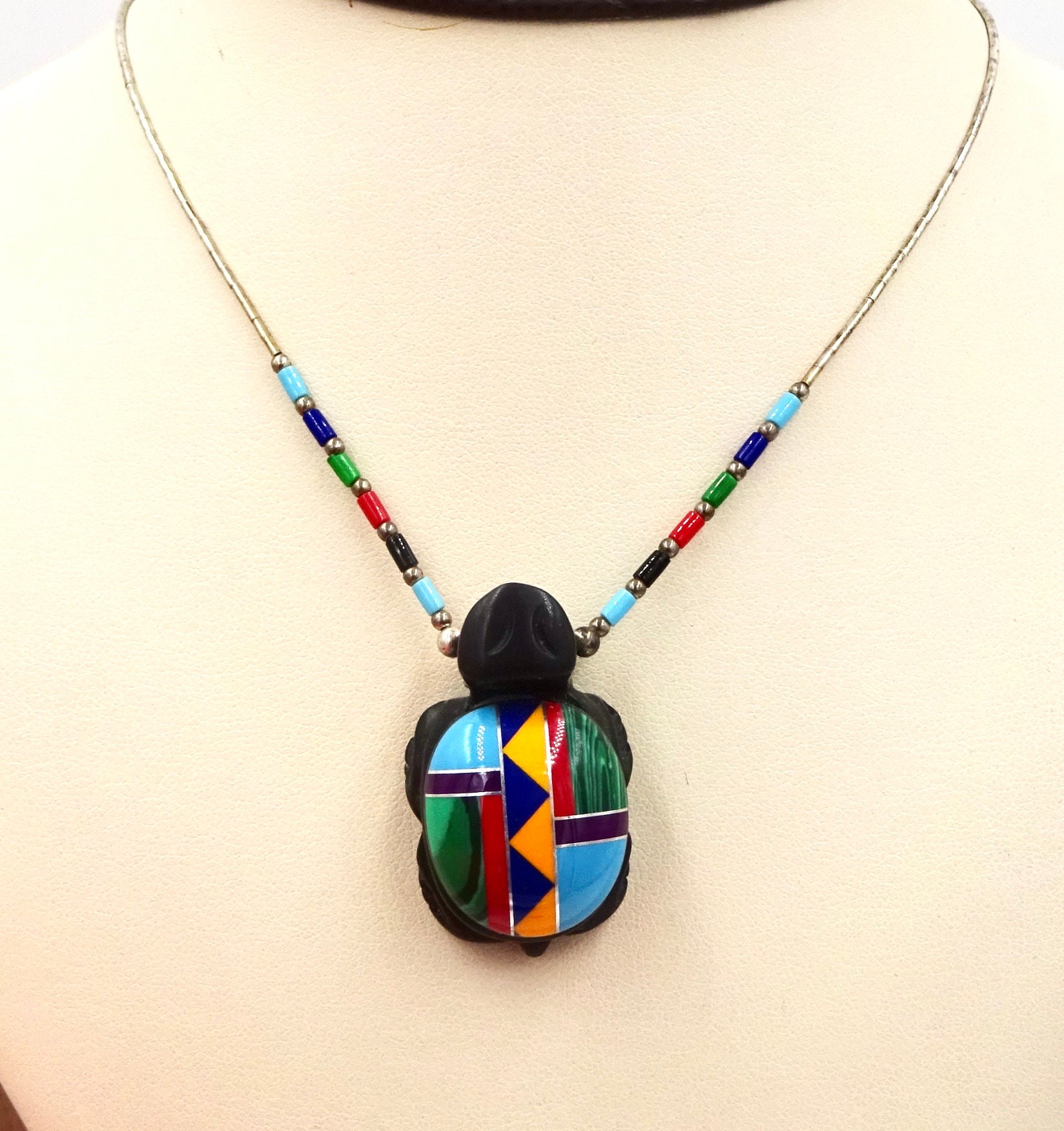 Vintage CARVED TURTLE FETISH Necklace Sterling Silver Liquid