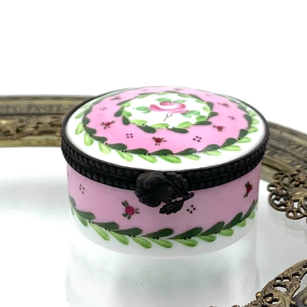 Vintage Limoges TRINKET BOX PV Parry Vieille Paris France Porcelain Pink & Green Floral Hand Painted Peint Main