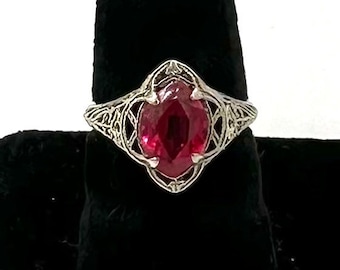 Antique WHITE GOLD RING 585 14k White Gold Filigree Ruby Ring Sz 5 3/4 Antique E537