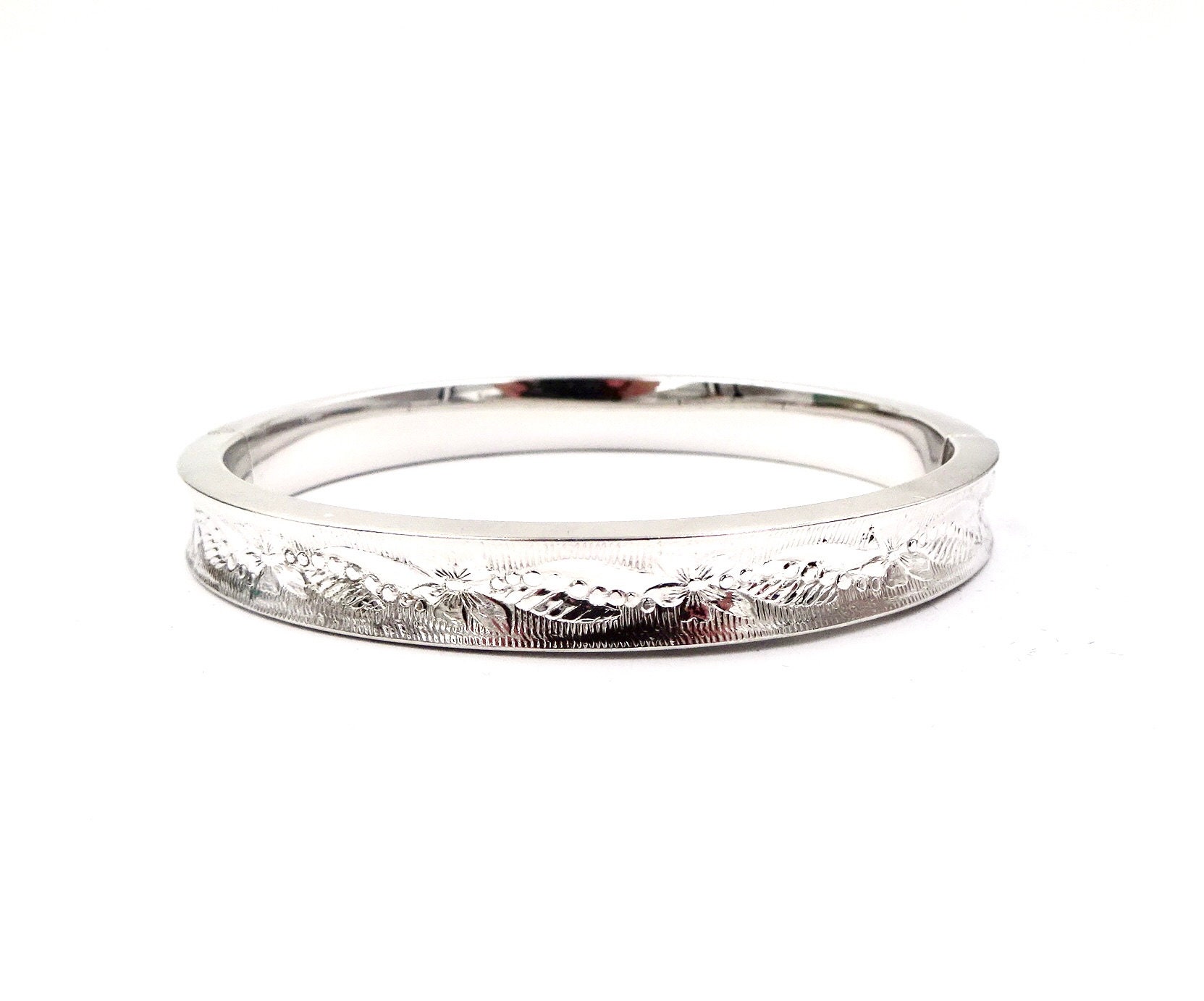 Brazalete vintage de plata de ley Marathon con bisagras y diseño floral grabado