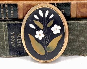 Antique PIETRA DURA PIN Brooch Gold Filled Framed Floral Branch Victorian Brooch Pin E487