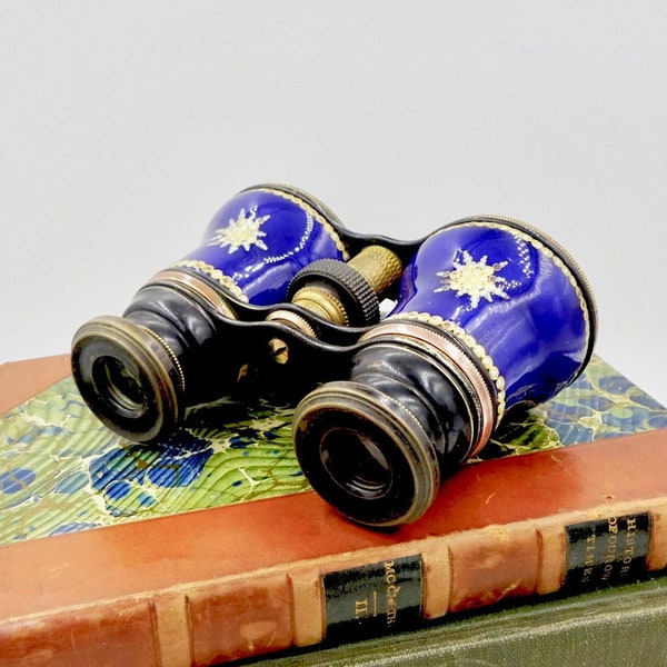 Antique Victorian FRENCH OPERA GLASSES Cobalt Blue Enamel Brass Opera Glasses Binoculars