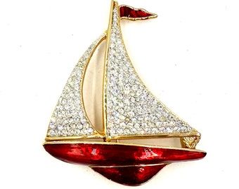 Vintage SWAROVSKI PIN BROOCH Sail Boat Gold Tone Clear Swarovski Crystals & Red Enamel