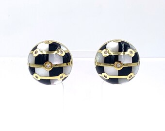 ASCH GROSSBARDT EARRINGS 14K Gold Diamond Onyx Mother of Pearl Vintage Estate Jewelry