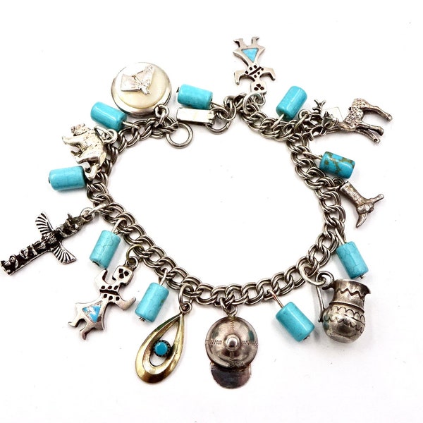 Vintage TURQUOISE CHARM BRACELET Southwestern Cow Girl 925 Sterling Silver Charm Bracelet Horse Locket Boot Bear Totem Pole E290