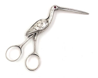 Antique STORK MIDWIFE SCISSORS 800 Silver Ruby Eyed Stork Umbilical Cord Clamp Hallmarked Germany