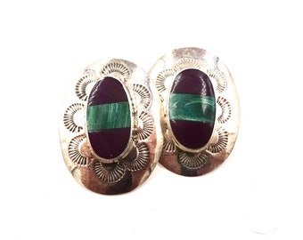 Vintage STERLING CONCHO EARRINGS Sterling Silver Oval Purple Sugilite Green Malachite Inlay Taxco Mexico