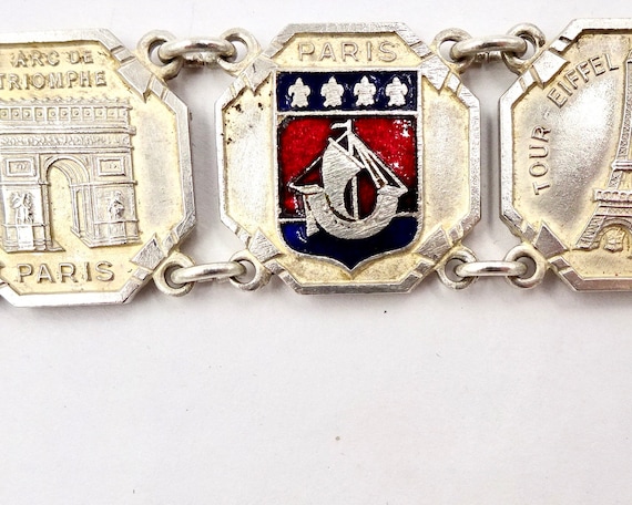 Vintage PARIS FRANCE BRACELET French Silver Tone Enamel Linked