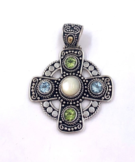 Pendentif Croix Celtique Vintage En Argent 925 Avec Topaze Bleue Véritable - Bijou Fin