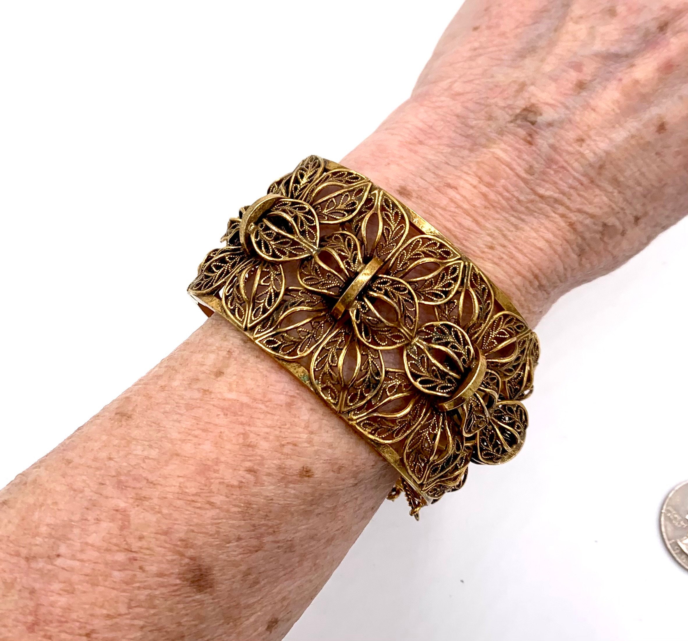 Vintage Bartek Gilt Brass Bangle: Pierced Floral Design, 1940s