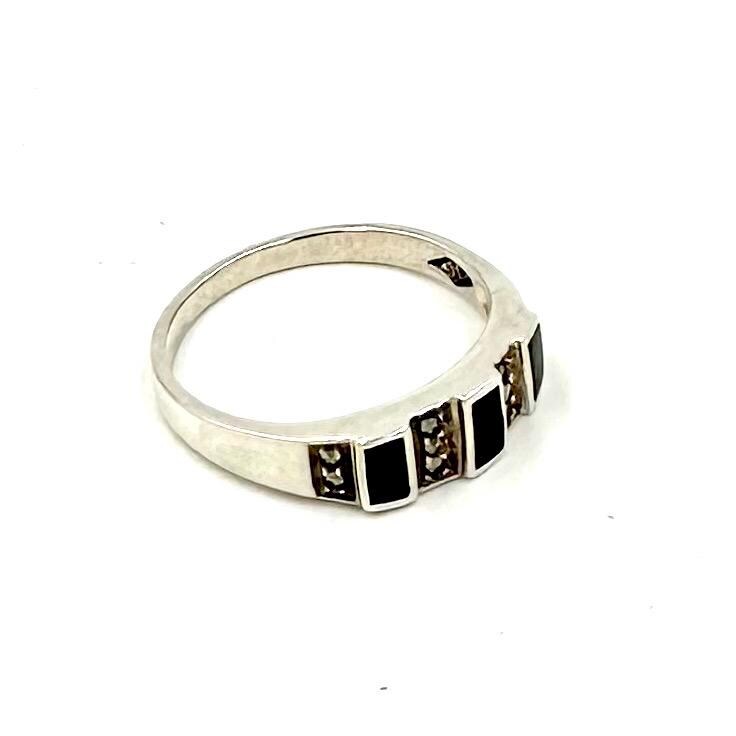 JUDITH JACK RING Sterling Silver Marcasite Black Onyx Band