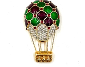 Vintage SWAROVSKI PIN BROOCH Hot Air Balloon Gold Tone Clear & Red Swarovski Crystals Red Purple Enamel