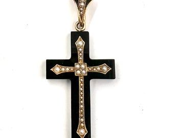 Antique Victorian Cross - Circa 1890s 14k Yellow Gold Seed Pearl