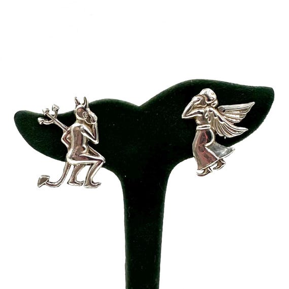 STERLING SILVER EARRINGS - Angel & Devil Whispering Taxco Mexico - 925 Sterling Silver - Antique Vintage