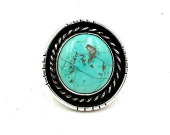 Anillo de turquesa del suroeste, plata de ley, estilo navajo, nativo americano, talla 7, época de Fred Harvey.