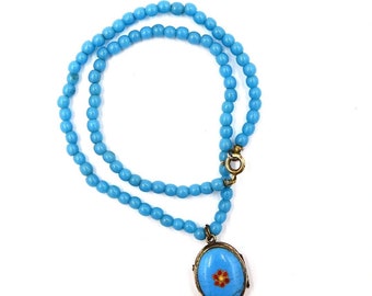 VICTORIAN ENAMEL LOCKET Necklace Turquoise Bead Strand Pinchbeck Gold Photo Locket Antique E142