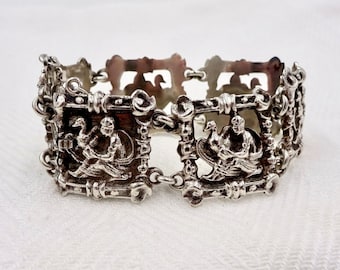 PULSERA DE PLATA DE LEY Renacimiento victoriano bizantino Peruzzi Coppini estilo querubín cisne eslabón del panel pulsera antigua vintage
