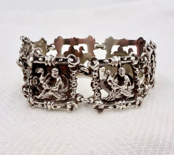 Antique Sterling Silver Panel Bracelet: Byzantine Cherub Swan