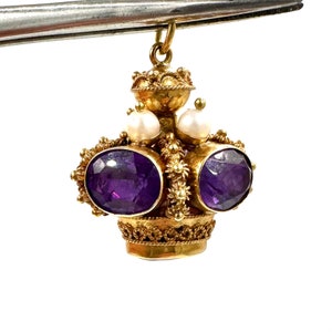 Vintage 18K GOLD BAUBLE Charm Pendant Fob Etruscan Revival Amethyst Pearl Crown Form Jewel