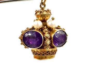 Vintage 18K GOLD BAUBLE Charm Pendant Fob Etruscan Revival Amethyst Pearl Crown Form Jewel