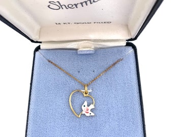 Vintage ENAMEL DOVE PENDANT Necklace 14K Gold Filled Enamel Floral Dove in Heart New Old Stock by Sherman