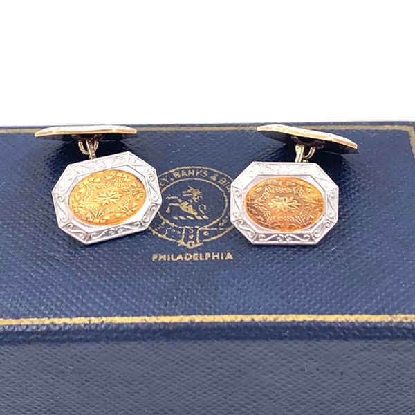 Antique 14k GOLD CUFFLINKS Wordley Allsopp Bliss 585 White & Yellow Gold Cufflinks Bailey Banks Biddle Box E497