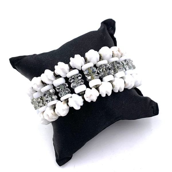 Vintage MARIAM HASKELL BRACELET Rare White & Clear Beaded Wired Expandable Stretch Wrap Bracelet