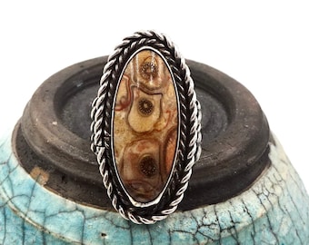 FOSSIL JASPER RING Sterling Silver Rope Border Brown Jasper Unisex Vintage