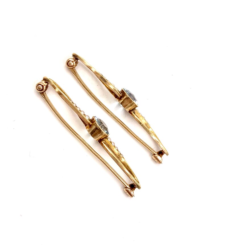 Antique GOLD BAR PINS 14K Yellow Gold Aquamarine & Seed Pearls Etsy