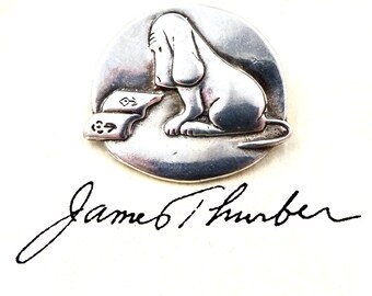JAMES THURBER PIN Pendant Sterling Silver Thurber's Reading Dog dvb New York Fables for Our Time Vintage