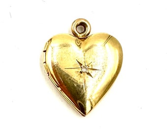 Vintage HEART LOCKET PENDANT - 14k Yellow Gold - Diamond Starburst - Keepsake Photo Locket Charm