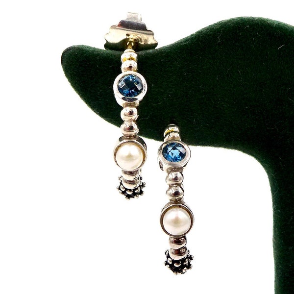 MICHAEL DAWKINS EARRINGS Sterling Silver Pearl Blue Topaz Half Hoops Vintage