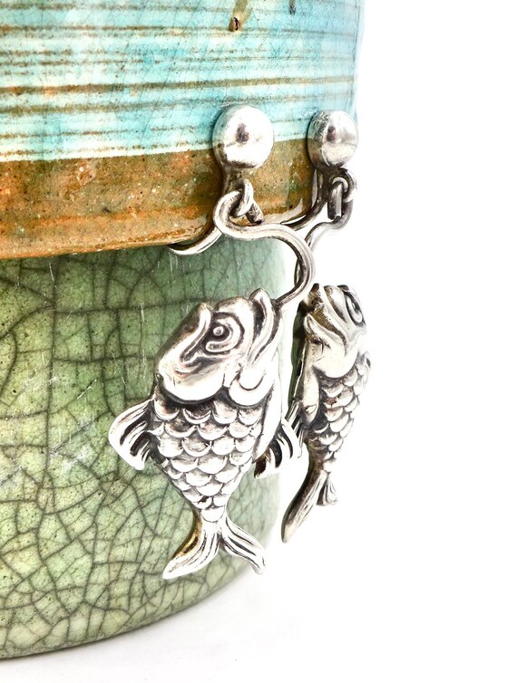 TAXCO FISH EARRINGS Sterling Silver Dangle Puffy … - image 3