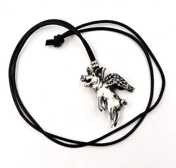 Vintage ANGEL WING PIG Sterling Silver Flying Pig Pendant Necklace / Pin by Esquivel & Fees