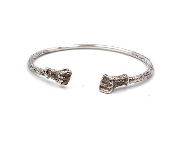 Vintage TORQUE BANGLE Sterling Silver Tribal fist Hands Boho