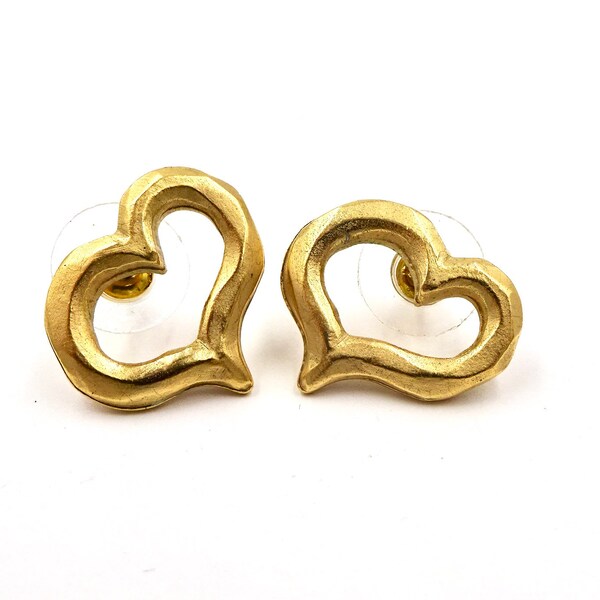 vintage BICHE DE BERE Paris boucles d'oreilles coeur ouvert doré, bijoux français des années 1990, mod, France, bohème chic, moderniste, créateur