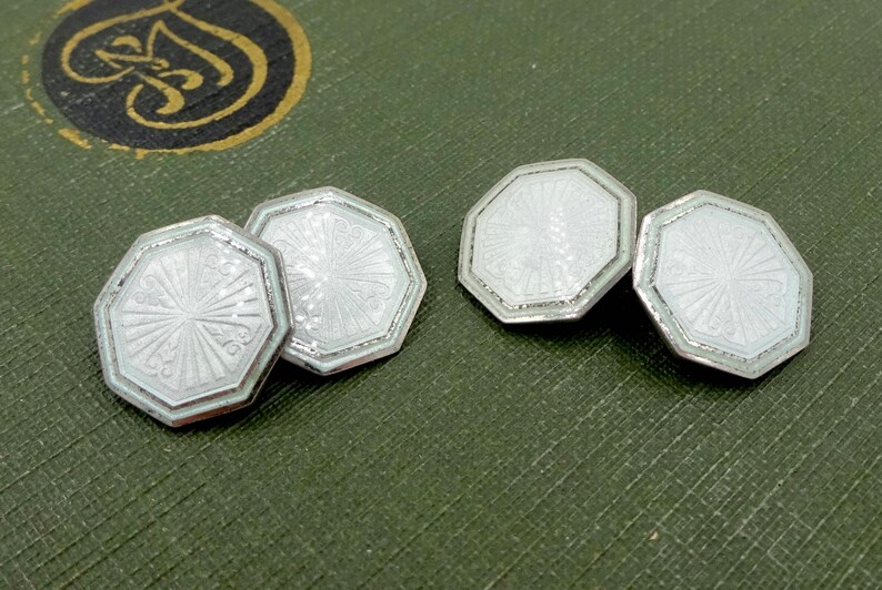 STERLING ENAMEL CUFFLINKS 925 Sterling Silver Pale Green Guilloche Enamel Cuff Links Vintage Krementz