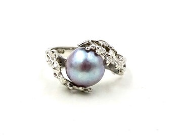 Vintage BRUTALIST PEARL RING 14K White Gold 9mm Gray Cultured Pearl Sz 7
